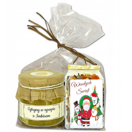 ŚWIĄTECZNY ZESTAW PREZENTOWY cytrynki w syropie z imbirem 200g + Herbata 50g
